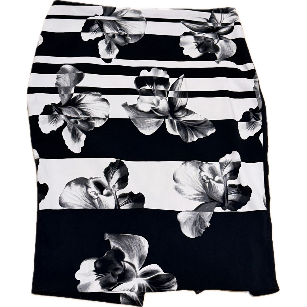 White House Black Market Floral Striped Pencil Skirt Black White Size 12